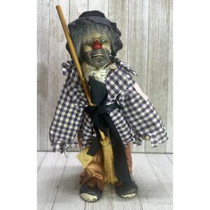 Vtg Hobo Clown Doll Broom Porcelain Head Feet and Hands 11" Tall Halloween Decor